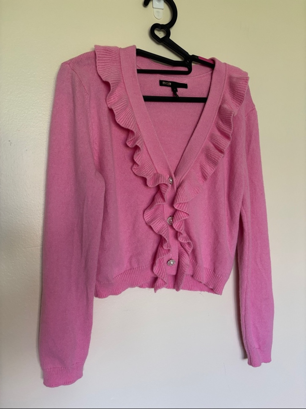 Maje Pink Ruffle-Trim V-Neck Sweater Cardigan